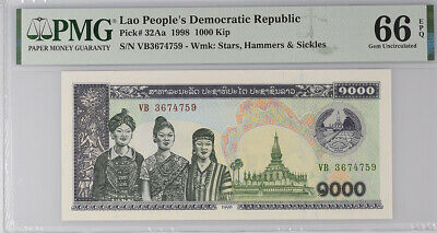 Lao Laos 1000 Kip 1998 P 32 Gem Unc Pmg 66 Epq